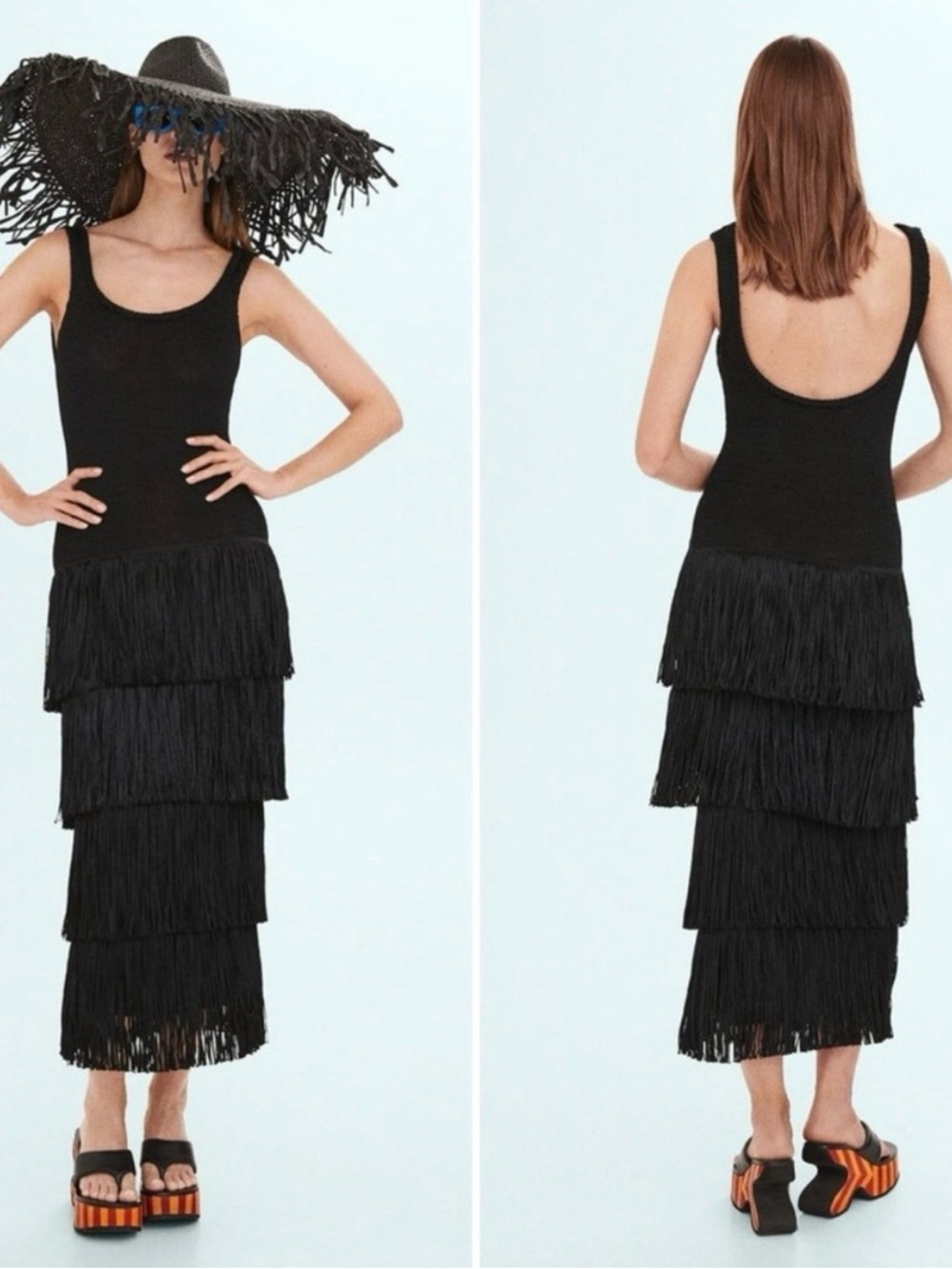 Mango X Simon Miller Black Tiered Fringe Midi Dress